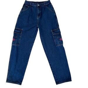 Wake jeans mom baggy high rise dark blue cargo side pockets ripped bottoms 6